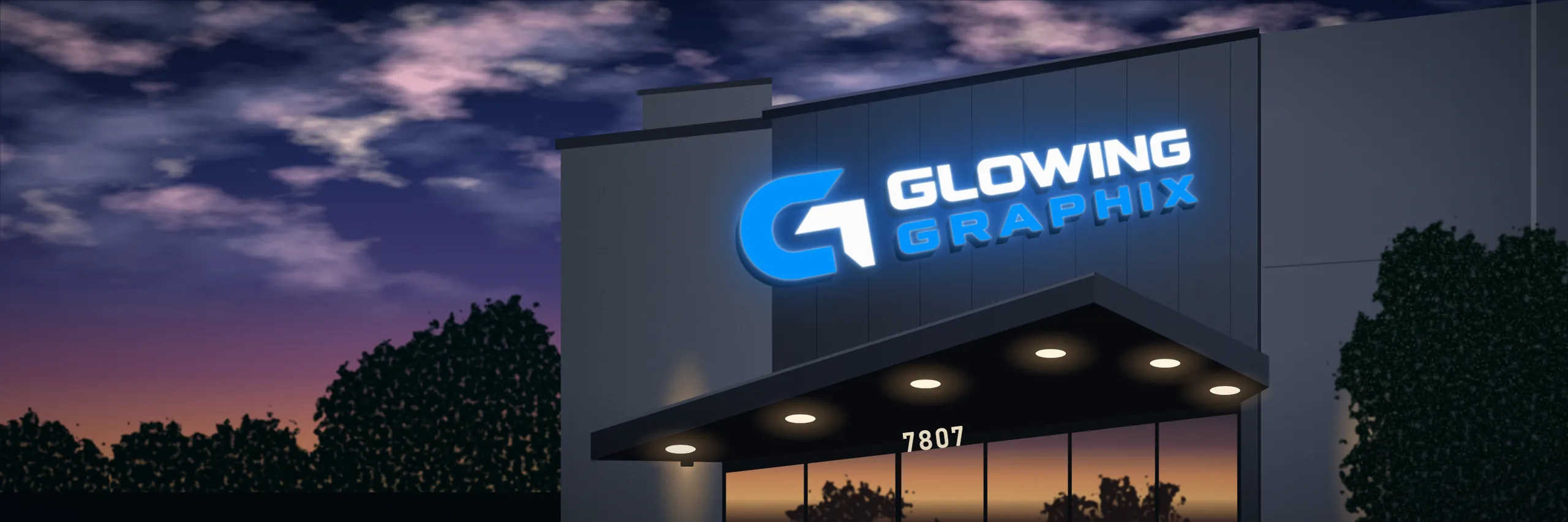 Illustration of a modern commercial building at dusk with an illuminated Glowing Graphix sign