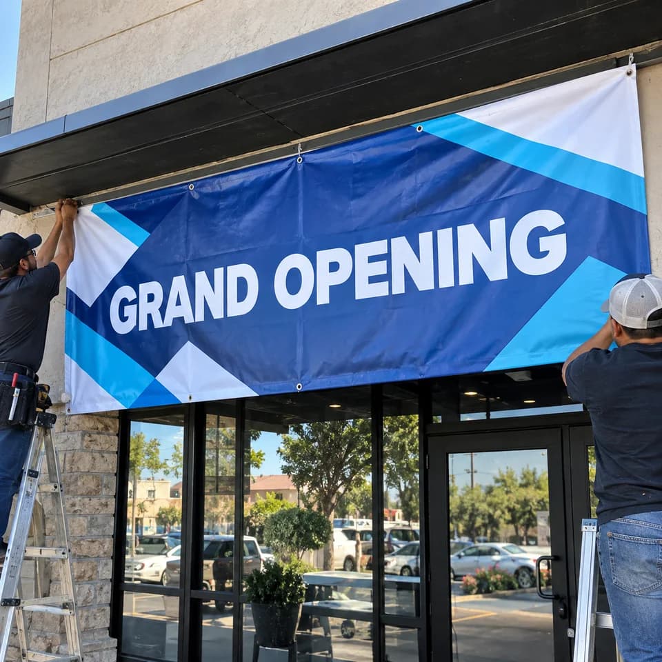 Print shop workers installing a large blue grand opening banner on a storefront