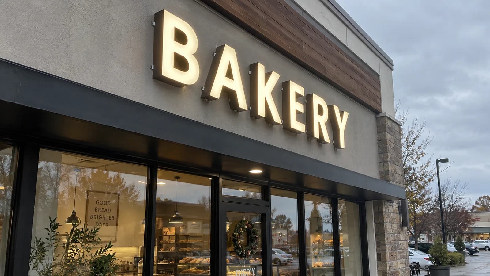 Illuminated channel letters spelling BAKERY on a storefront