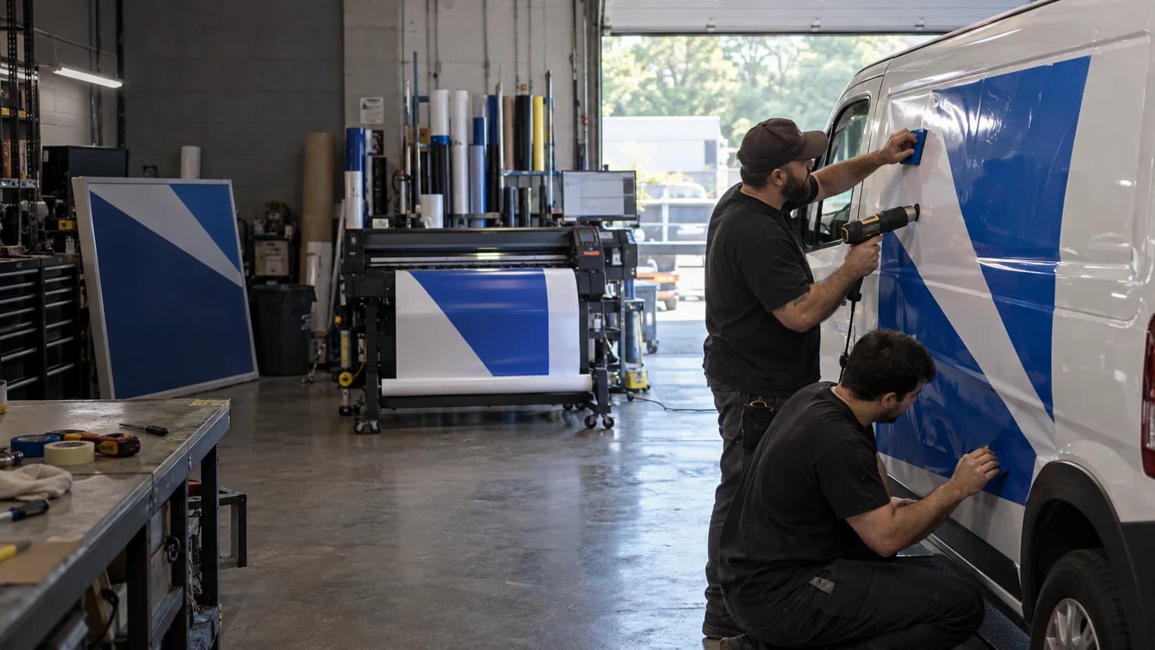 Two installers applying a blue and white vinyl wrap to a van inside the Glowing Graphix shop, beside a wide-format printer