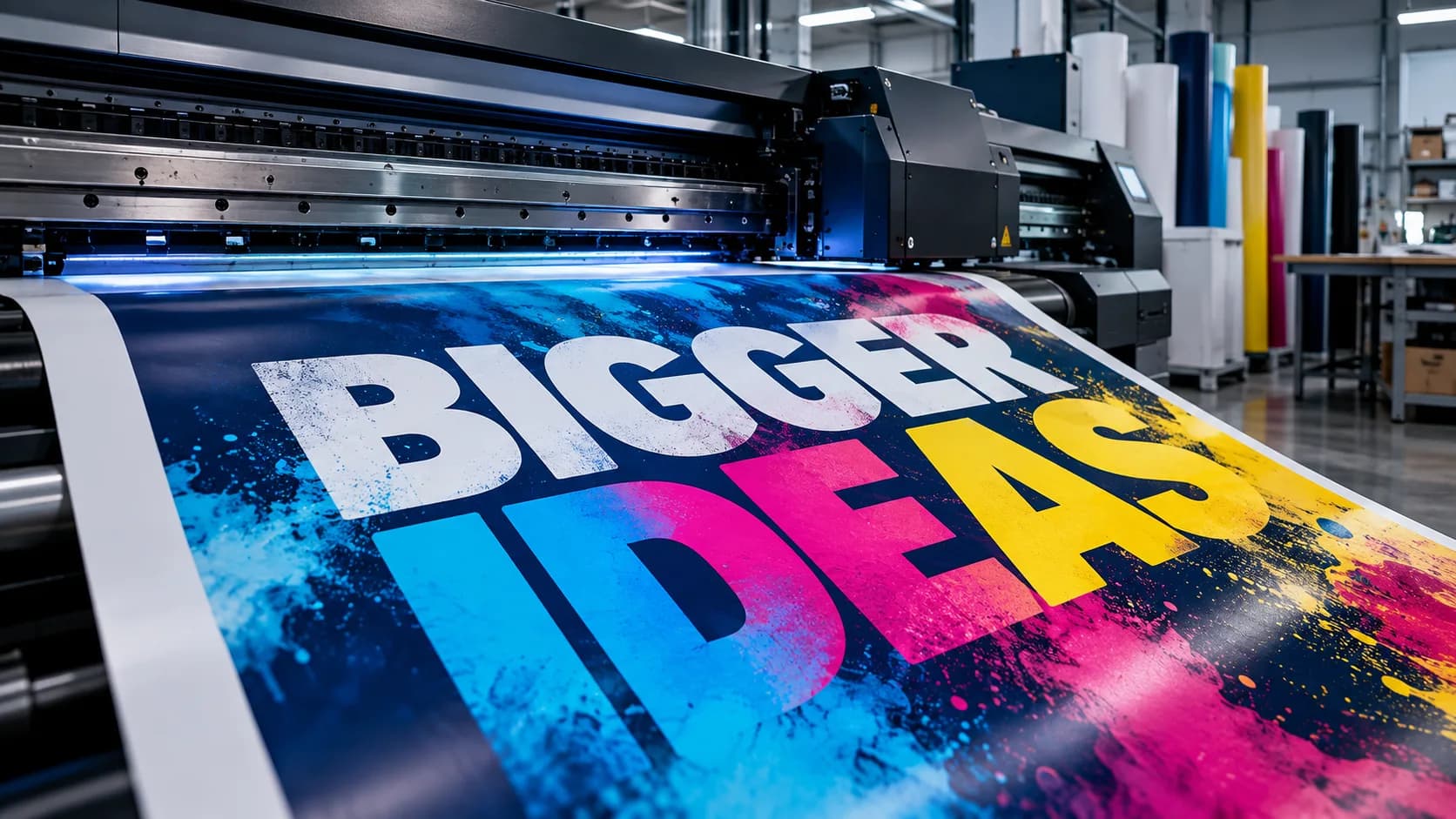 A large-format printer producing colourful graphics