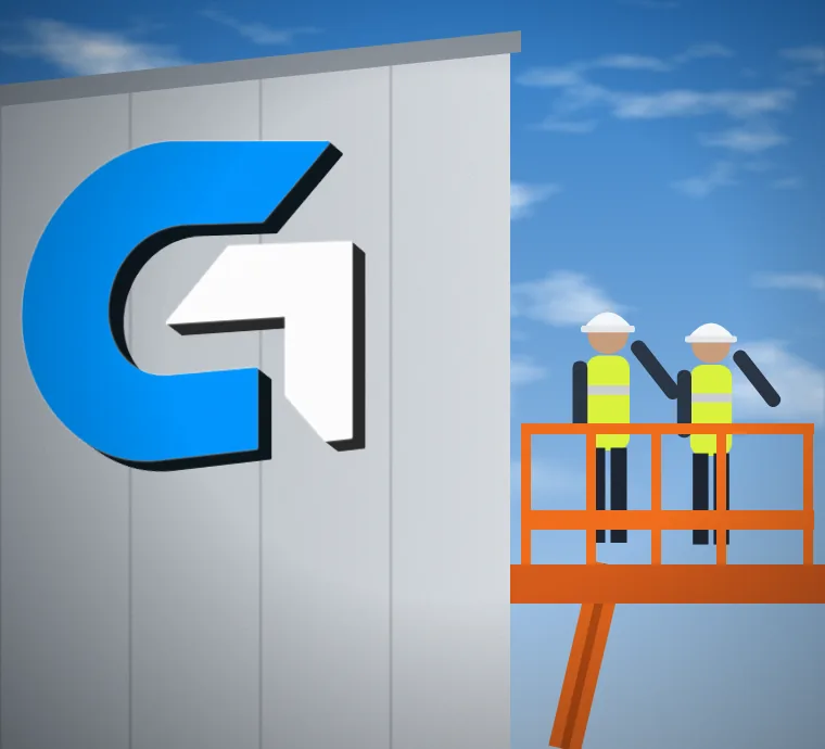 Installers on a lift mounting a dimensional logo sign