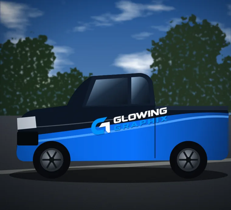 Pickup truck with a blue Glowing Graphix vehicle wrap