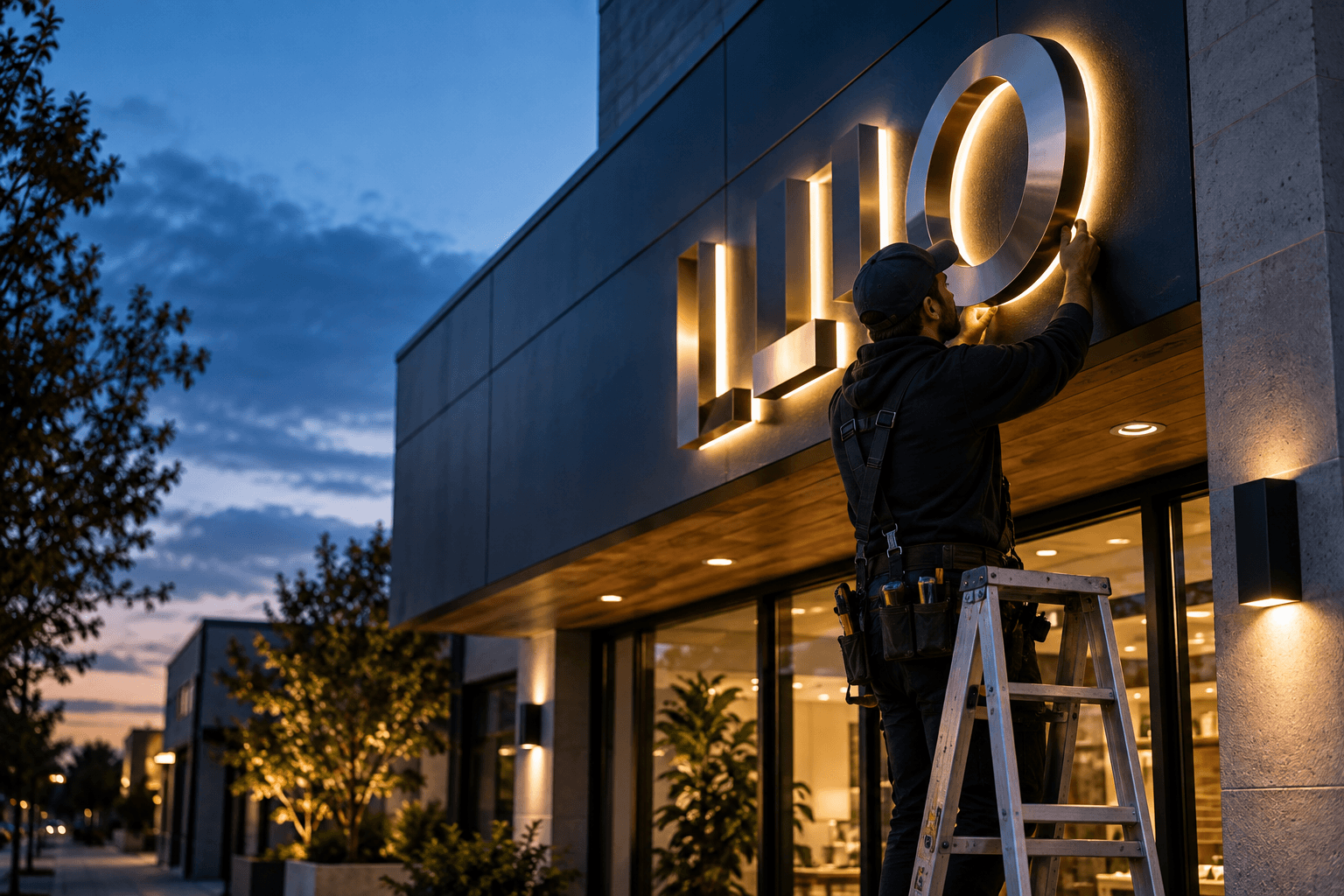 An installer aligning illuminated dimensional letters on a modern storefront